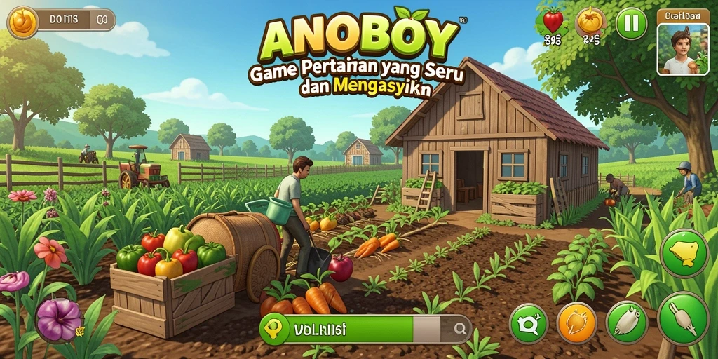 Tampilan gameplay ANOBOY yang menampilkan pertanian yang indah dan interaksi sosial.