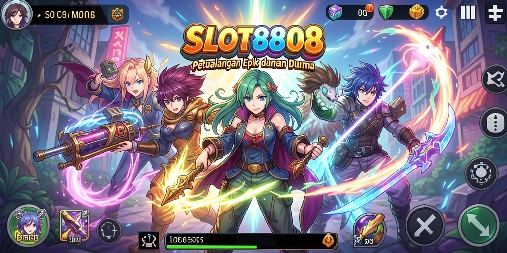 Screenshot utama SLOT8808 menampilkan mekanika slot dengan karakter anime yang hidup.